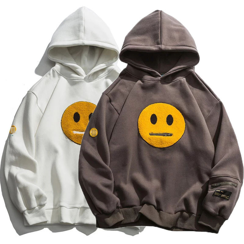 Patchwork Pocket Smile Face Hoodies